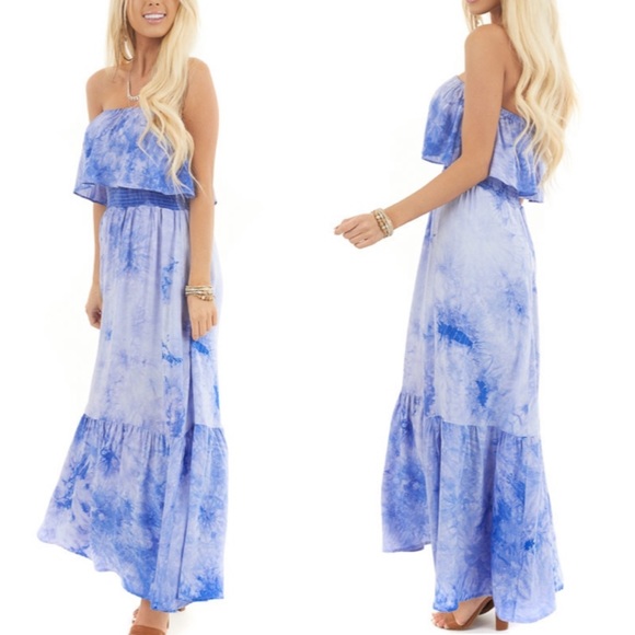 Strapless Blue Tie Dye Maxi Dress - Picture 9 of 11